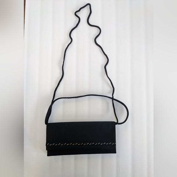 New Black Satin Clutch with Rhinestone Detail and 2 Separate Handle Options - Picture 4 of 4